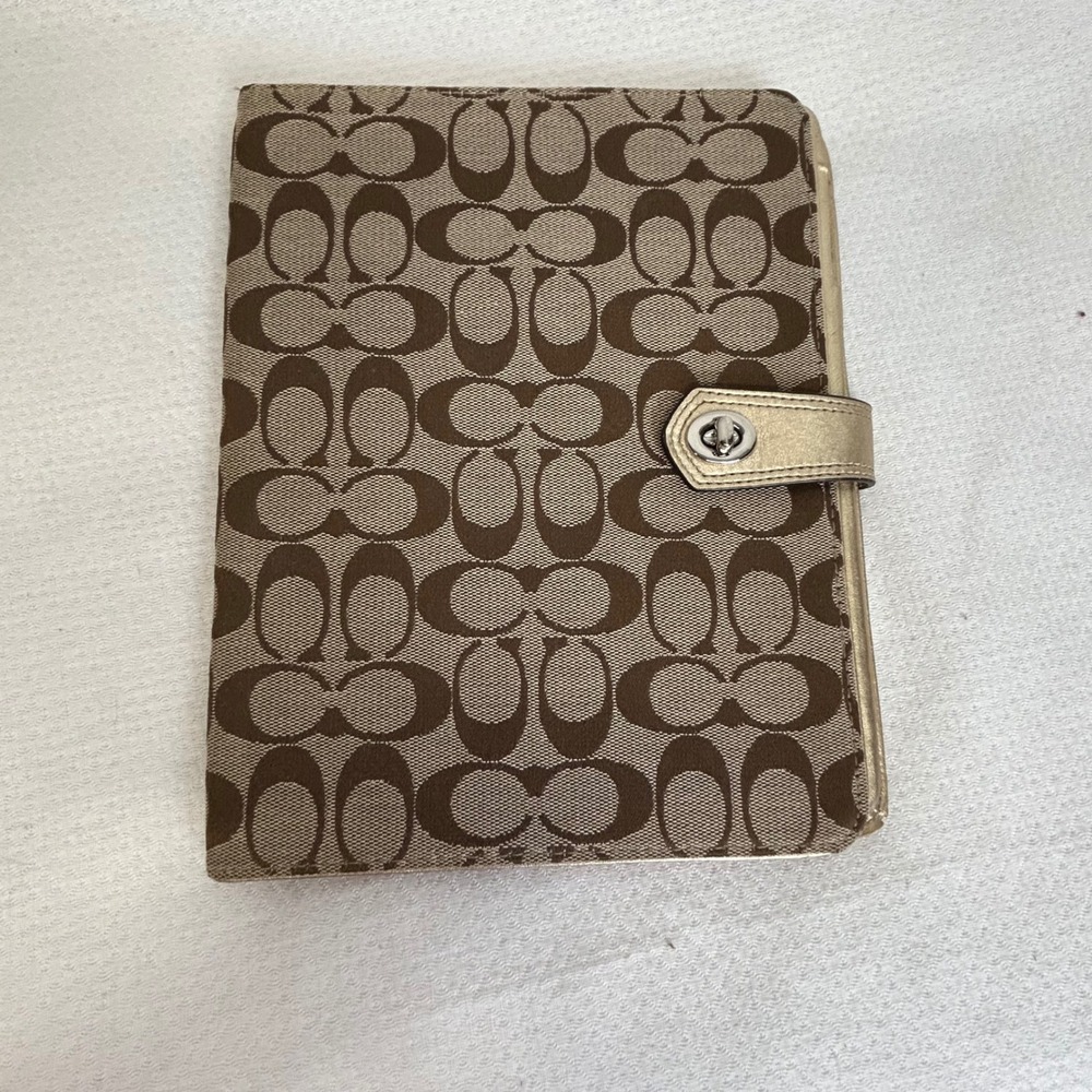 Coach Signature Monogram iPad Case Brown Gold Metallic Leather Turnlock Folio